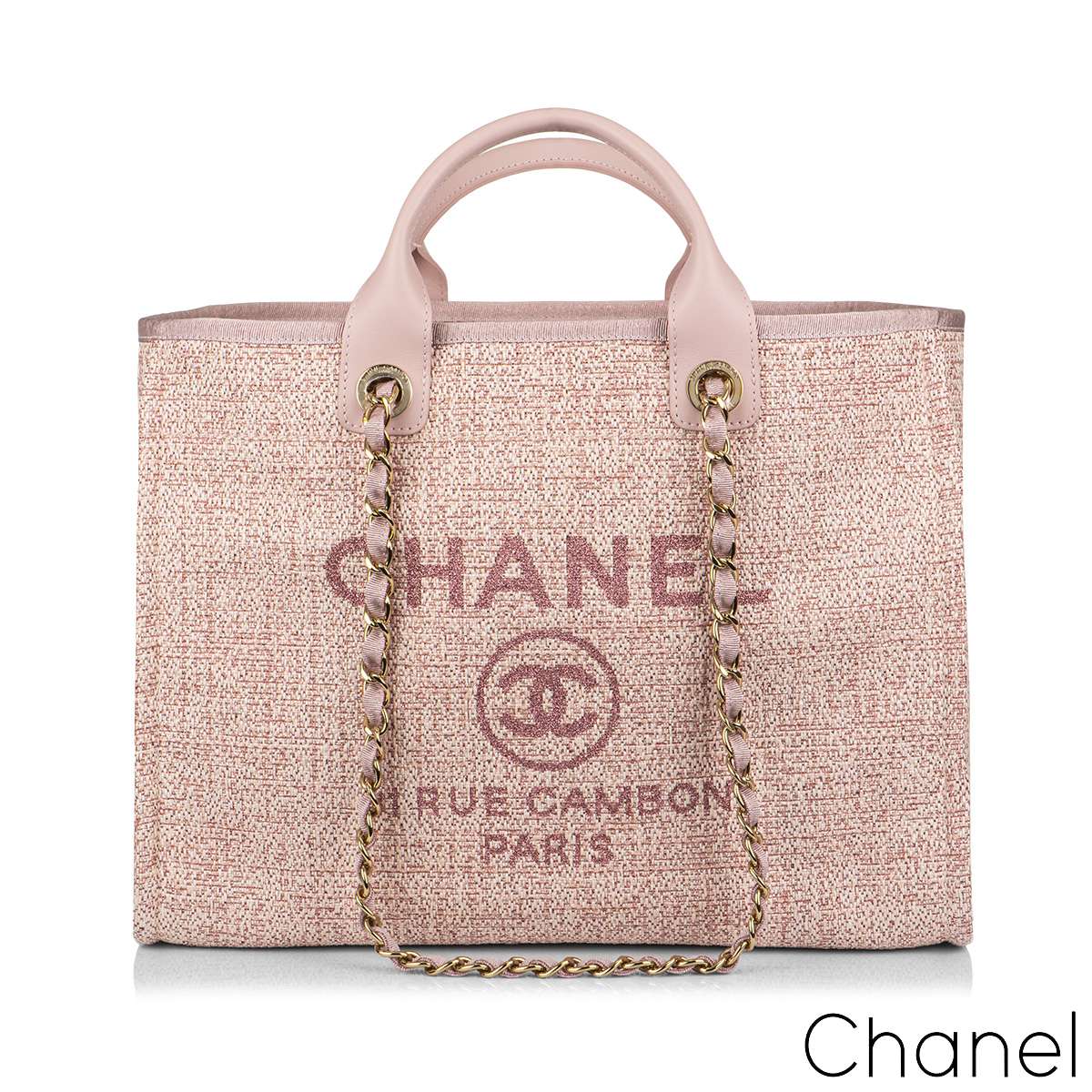 Chanel Large Deauville Tote Pink Tweed Gold Tone Hardware